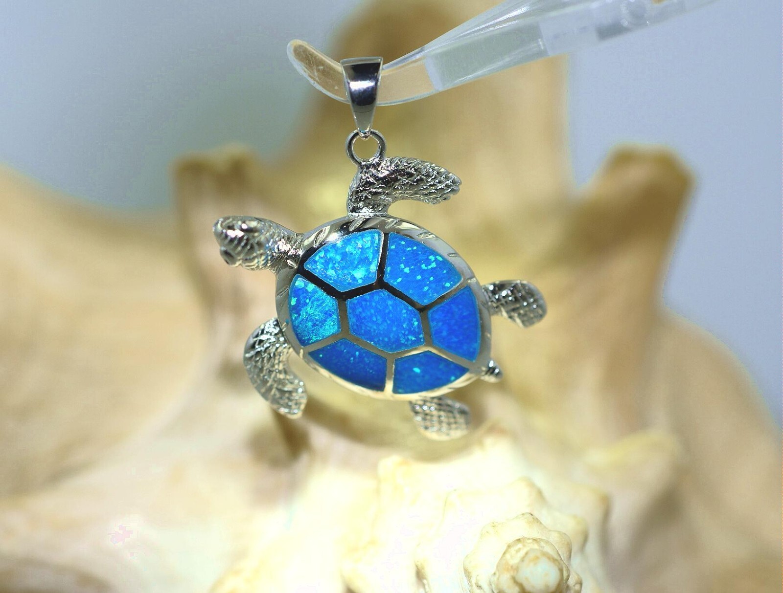 26MM RHODIUM 925 STER SILVER INLAID BLUE OPAL TEXTURED HAWAIIAN TURTLE PENDANT