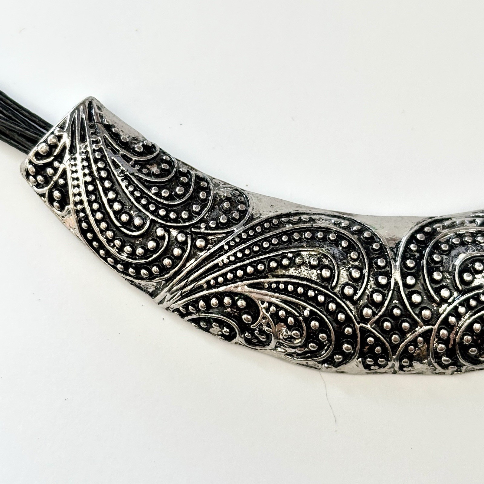 Choker Necklace Adjustable Multi Strand Black Cord Engraved Silver Toned Accent