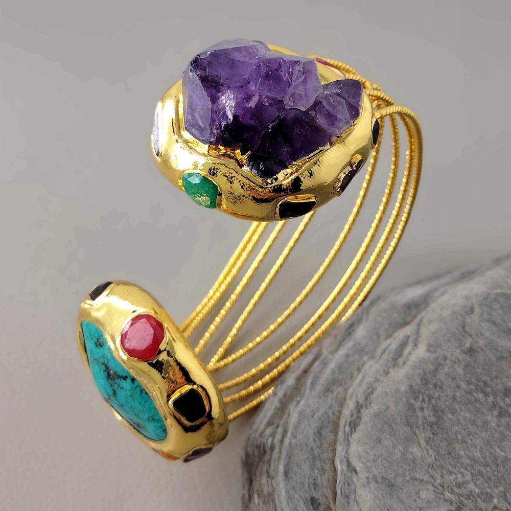 Natural Bohemia Purple Amethyst Raw Druzy Green Turquoise Bangle Cuff Bracelet