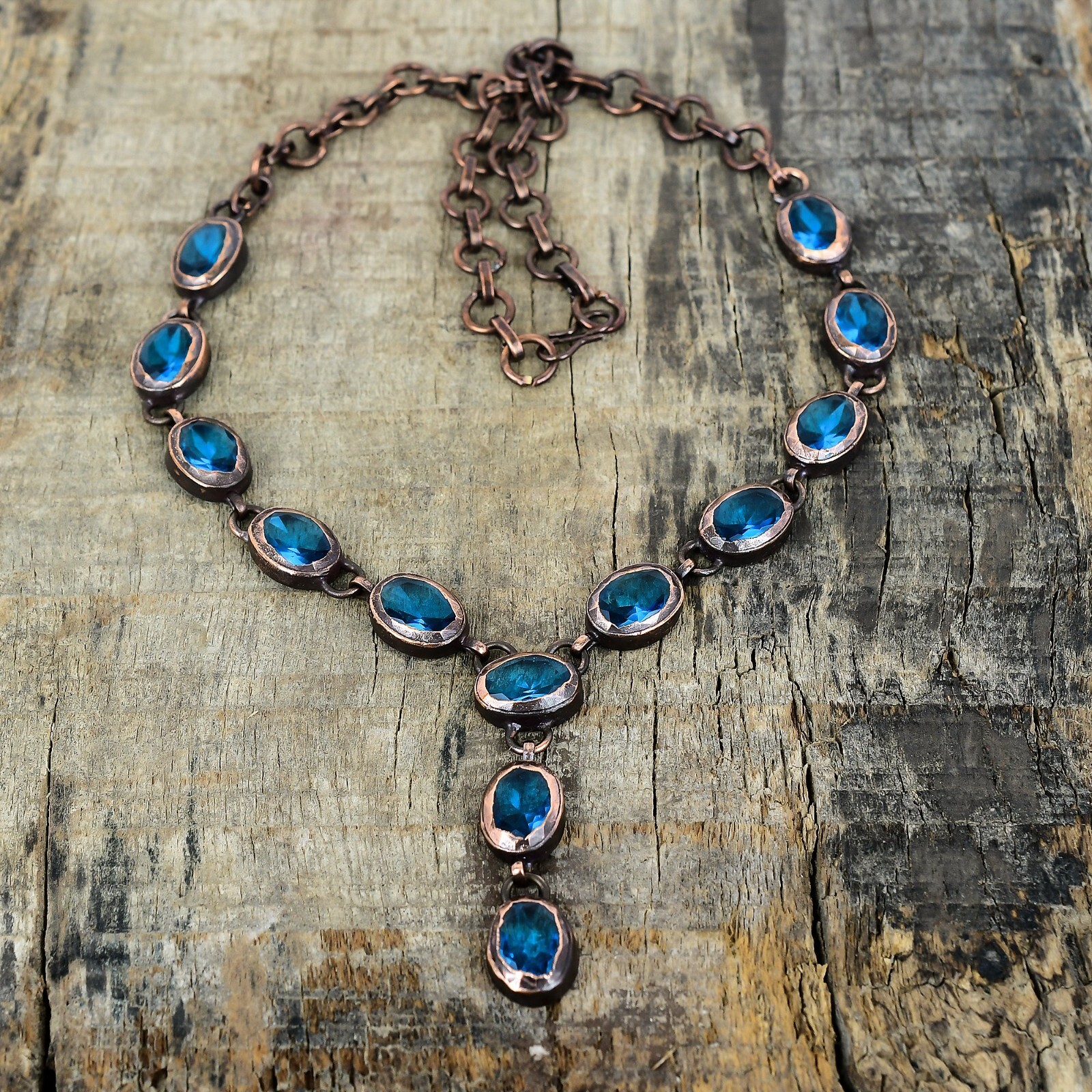 Swiss Blue Topaz Gemstone Copper Chain Bezel Electroformed Mother Boho Necklace