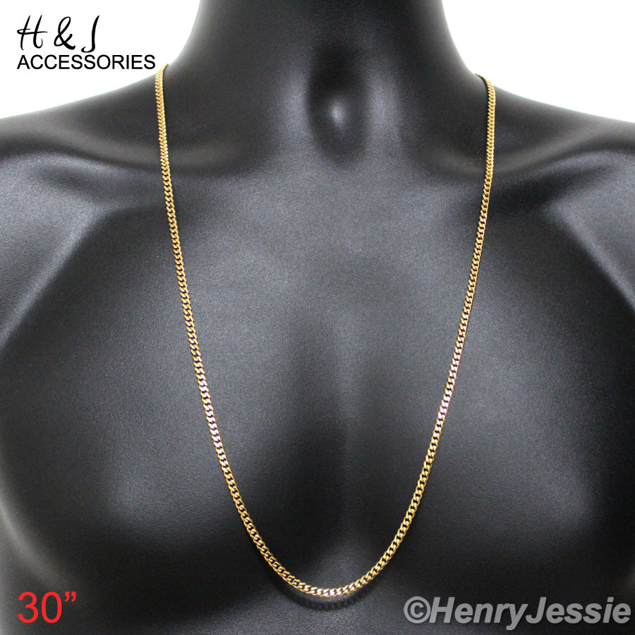 18-36″MEN Stainless Steel 3mm Gold Plated Curb Chain Green Rhinestone Pendant*98