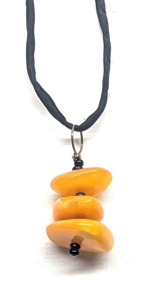 Vintage Butterscotch Yellow Glass Nugget Pendant Necklace Black Satin Silk Cord