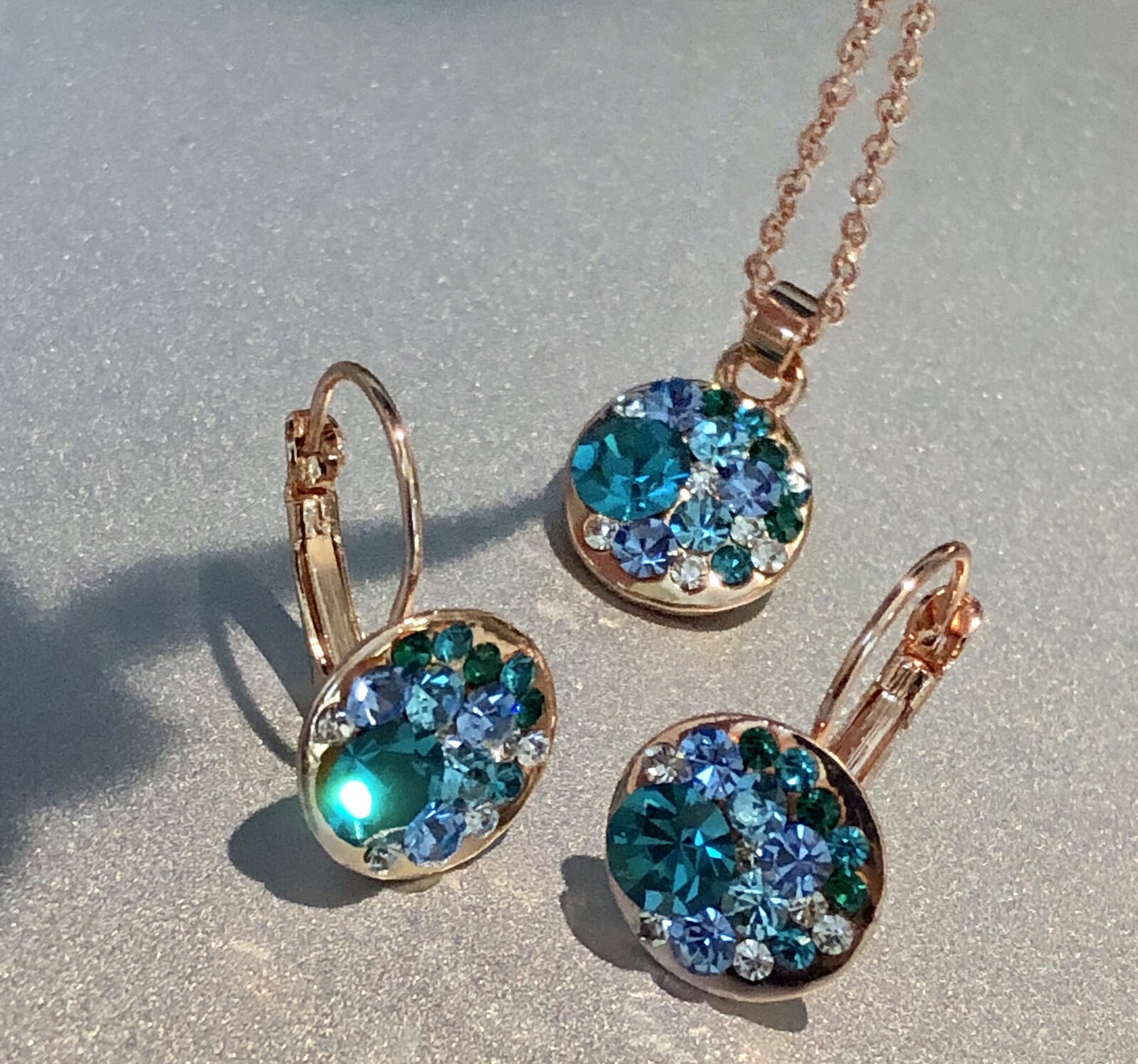 15mm Round Bella Blue Necklace Earrings Swarovski Crystal Rose Gold Plated Over