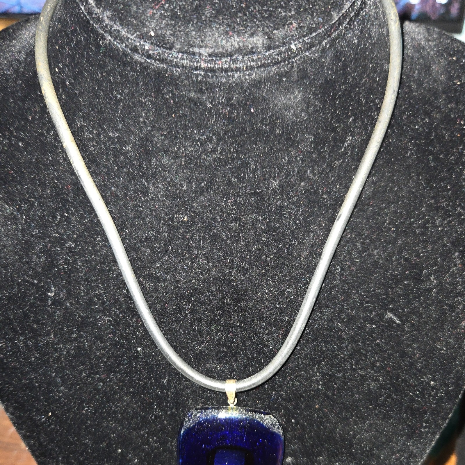 Black Cord Necklace Blue Square Glass Bezel Charm Pendant