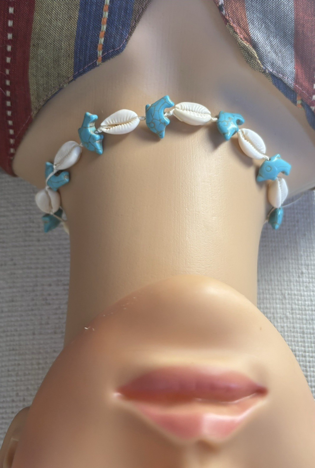 Blue White Shell Beaded Choker Necklace Cord Beach Theme Adjustable Tie