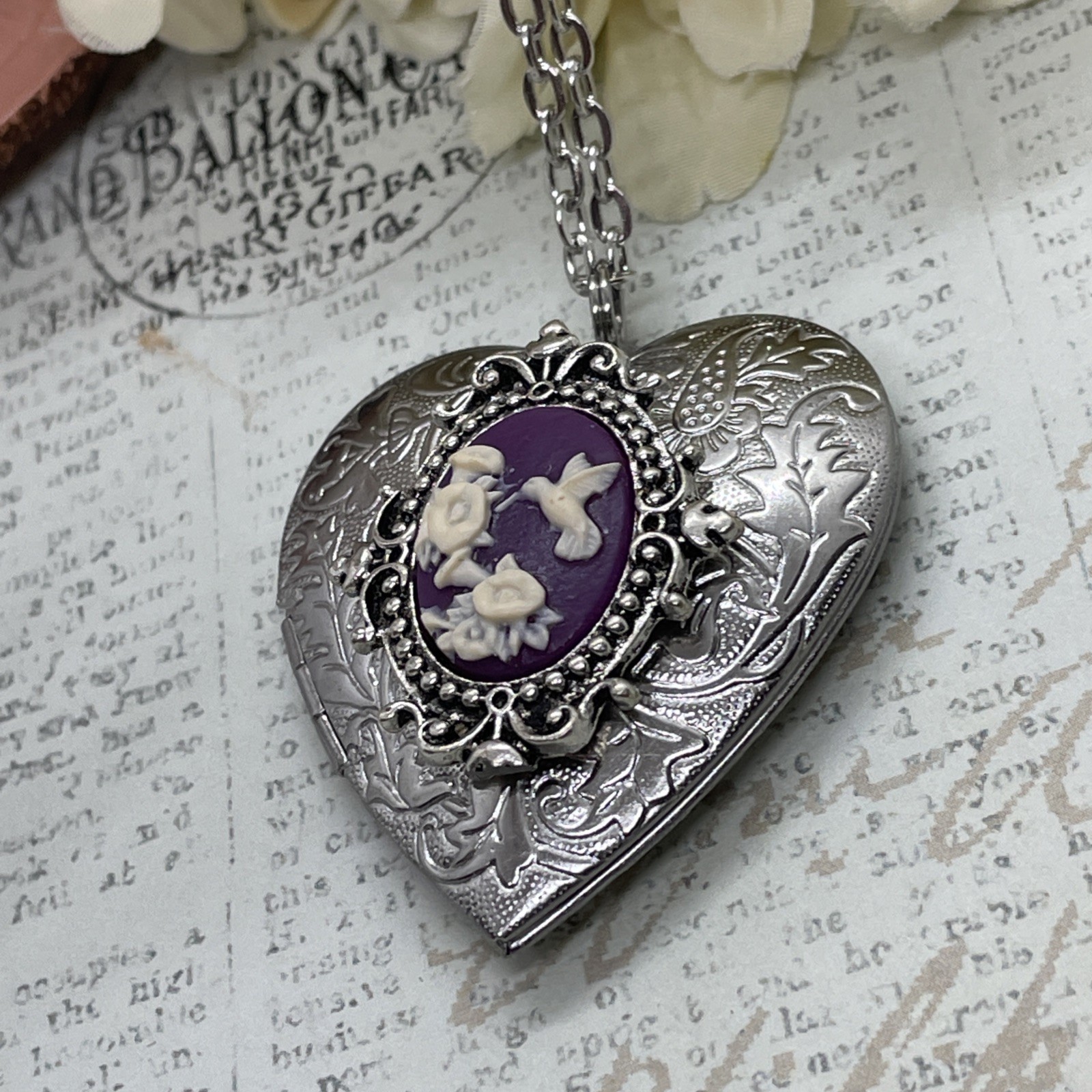 Heart Silver Locket Cameo Hummingbird purple Necklace Photo Bride bridal wedding