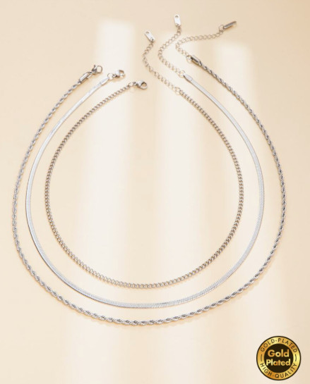 Layered Gold Plated Stainless Steel Necklace 3 Necklaces Snake Rope Twist Chains