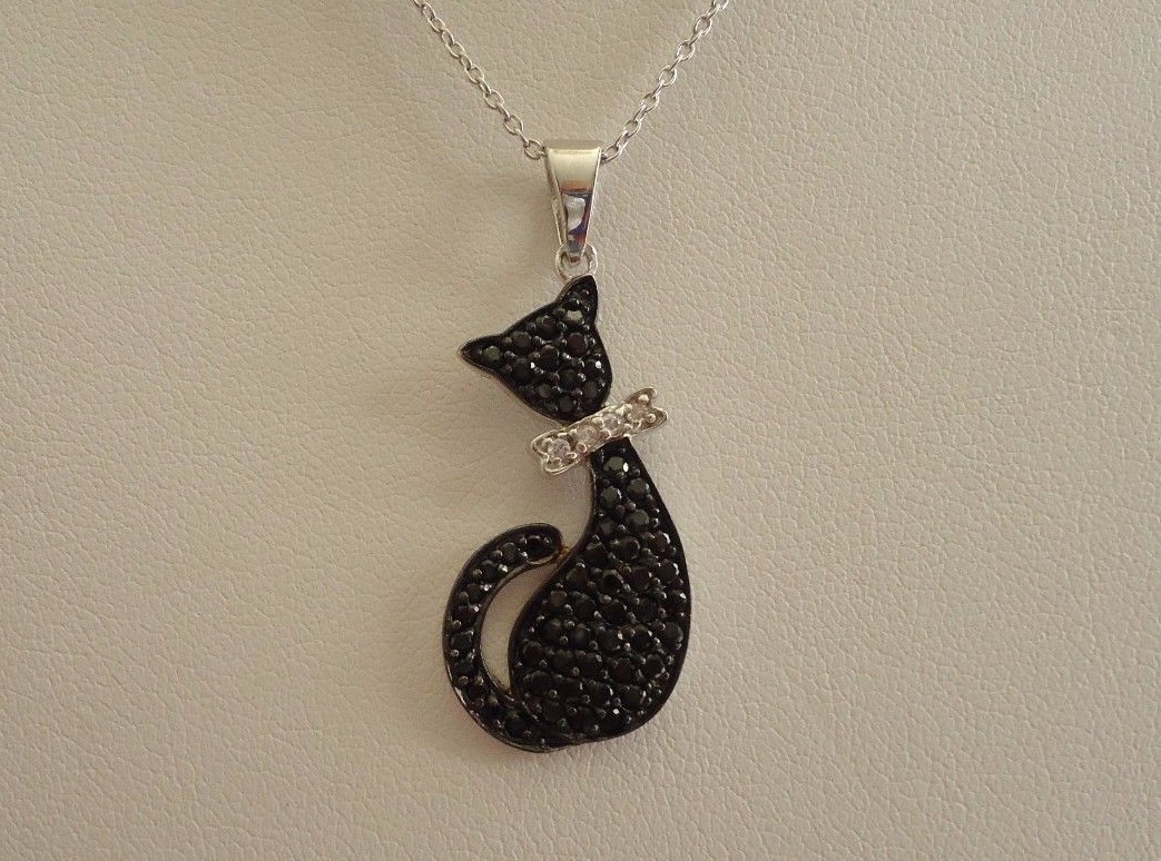 925 STERLING SILVER BLACK CAT NECKLACE PENDANT W/ 2.50 CT ACCENTS/18”