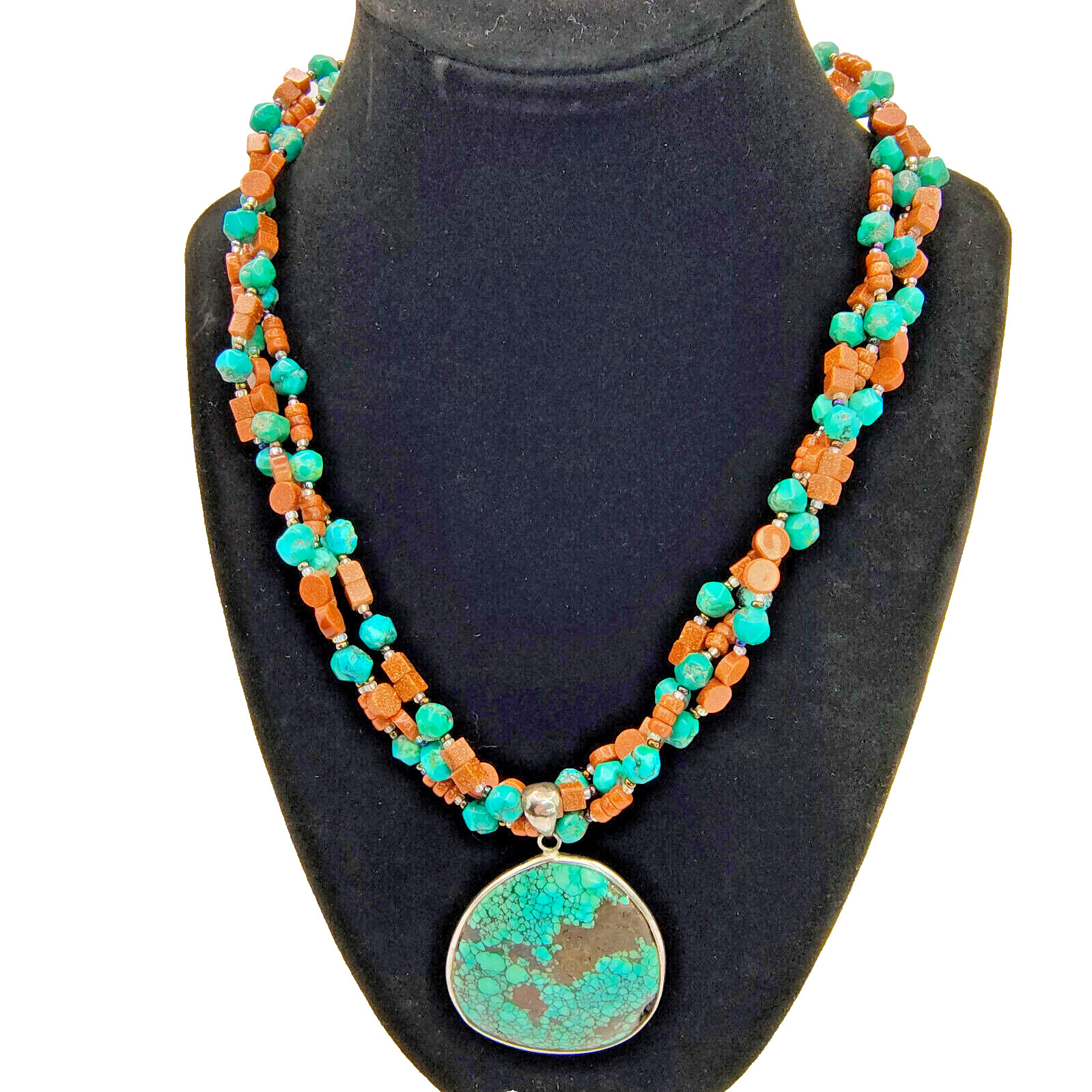 Faux Turquoise Pendant Necklace 925 Sterling Glitter Copper Color Bead Boho