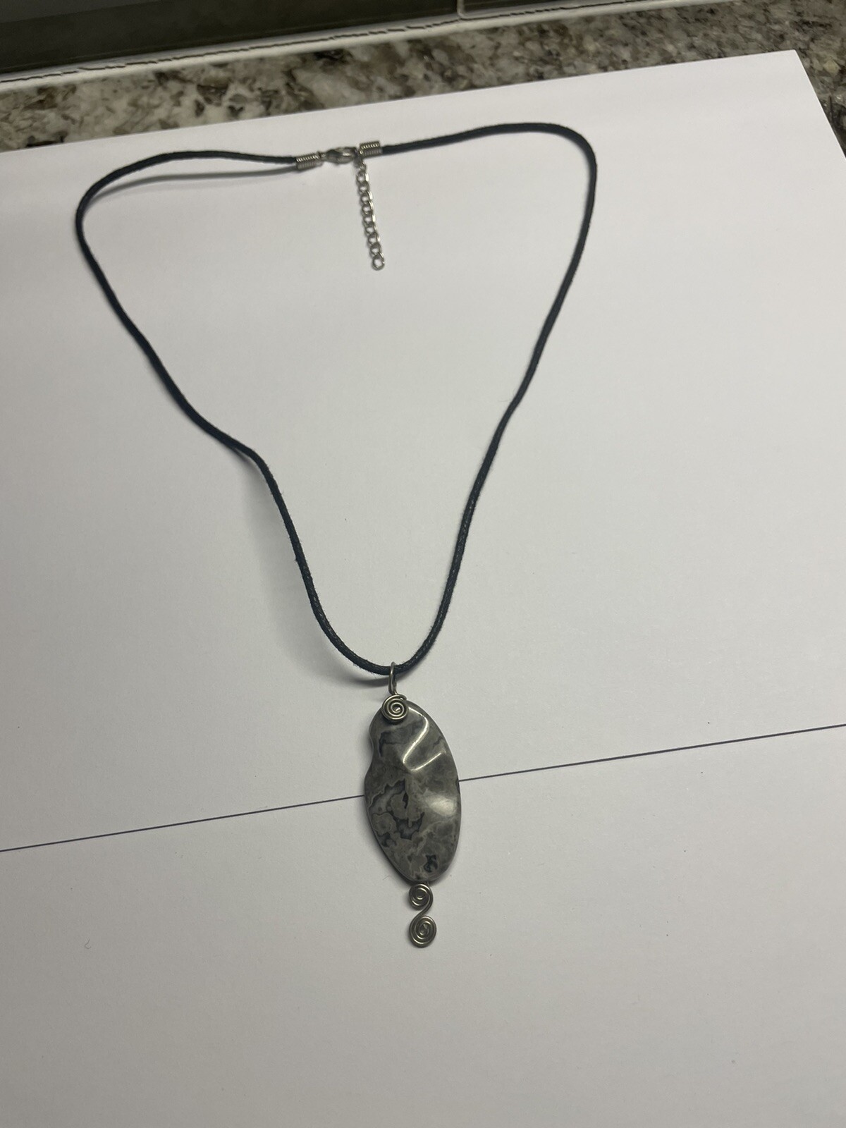 Women’s Grey Natural Stone Pendant / Black Cord Costume Necklace