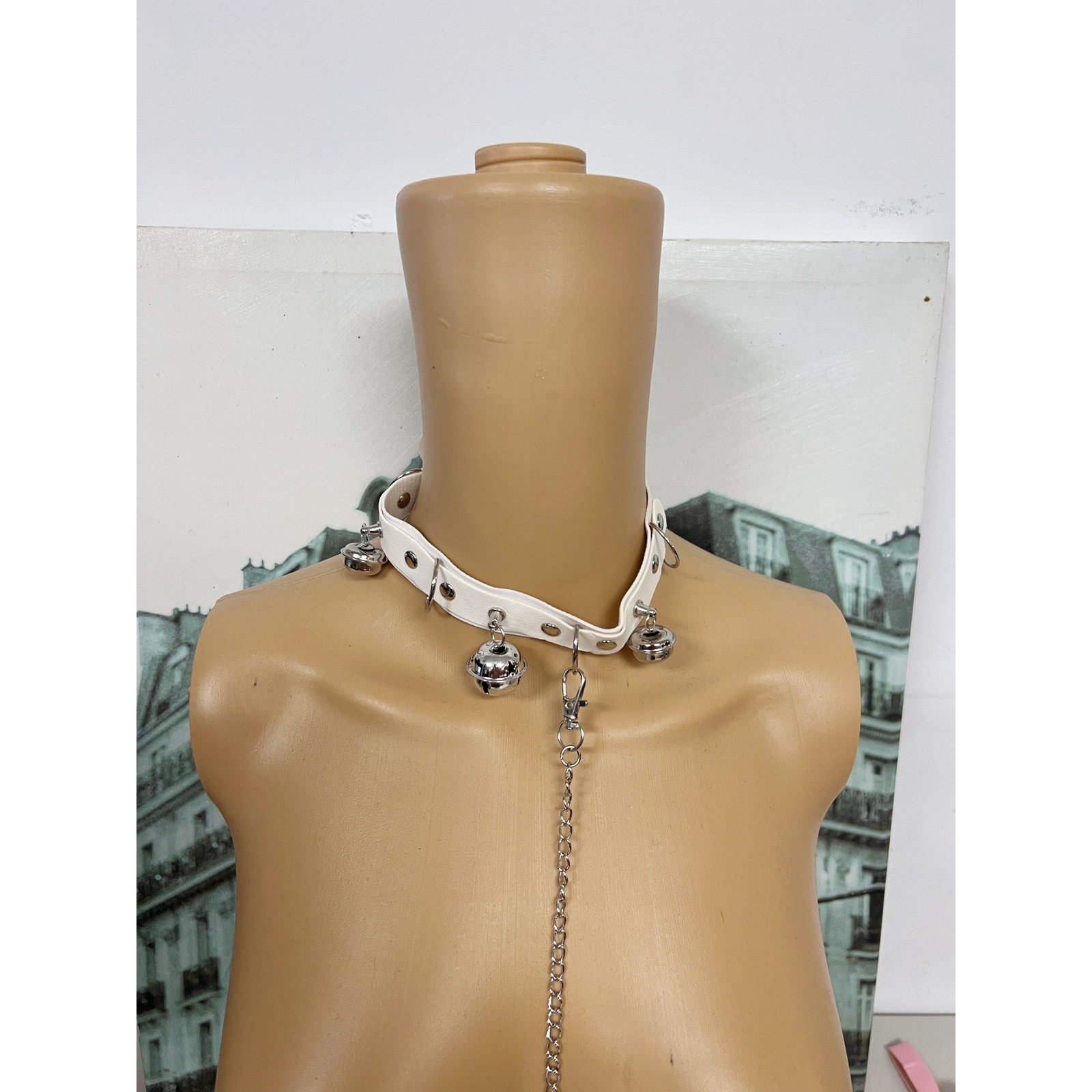 Gothic Faux Leather Choker Set with Detachable Chain Leash and Bell