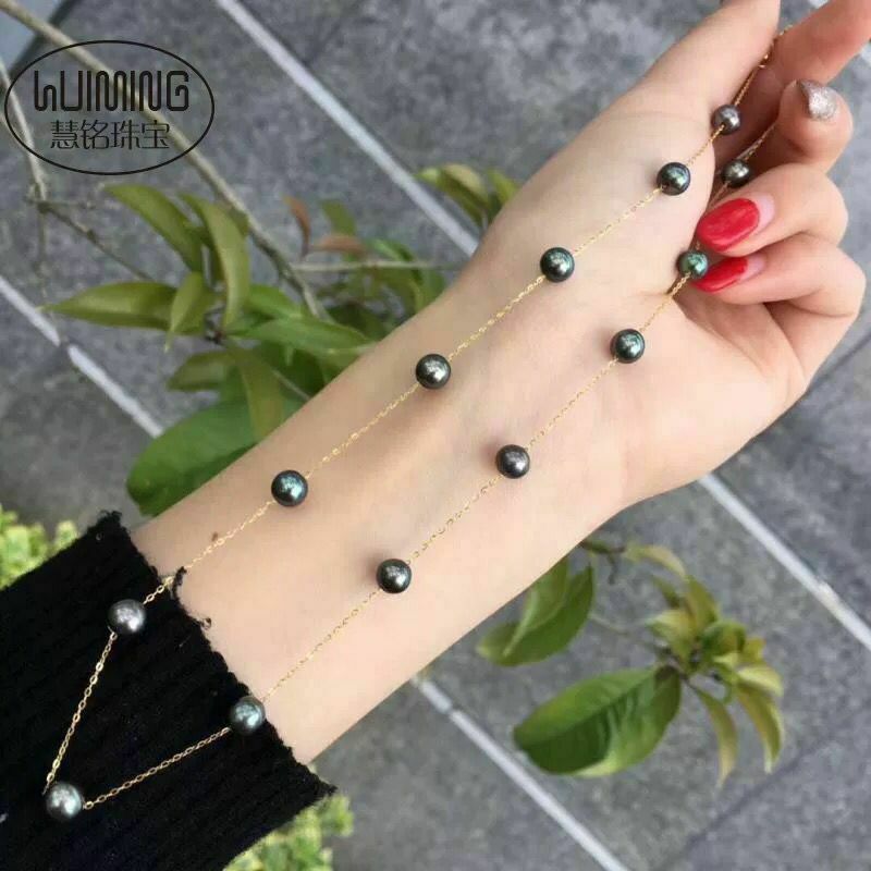 18″ Gorgeous AAA+ 6-7mm real natural black Tahitian round pearl necklace 14k