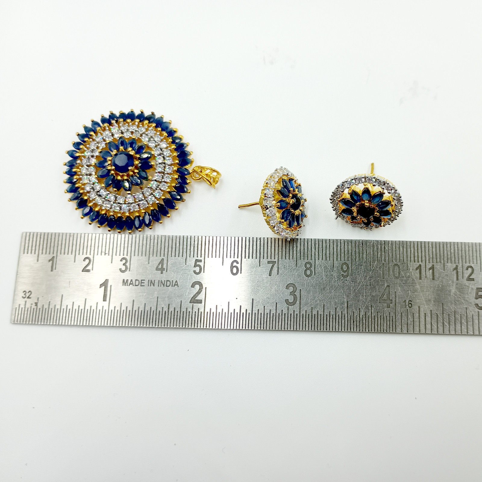 Traditional 22k Gold Plated Sapphire CZ Diamond Bridal Pendant Set Wedding Jewel