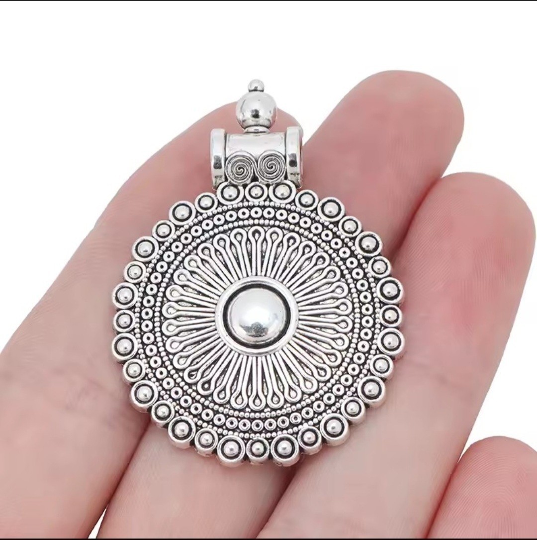 Boho Silver Tone Round Pendant Charms – Set of 8