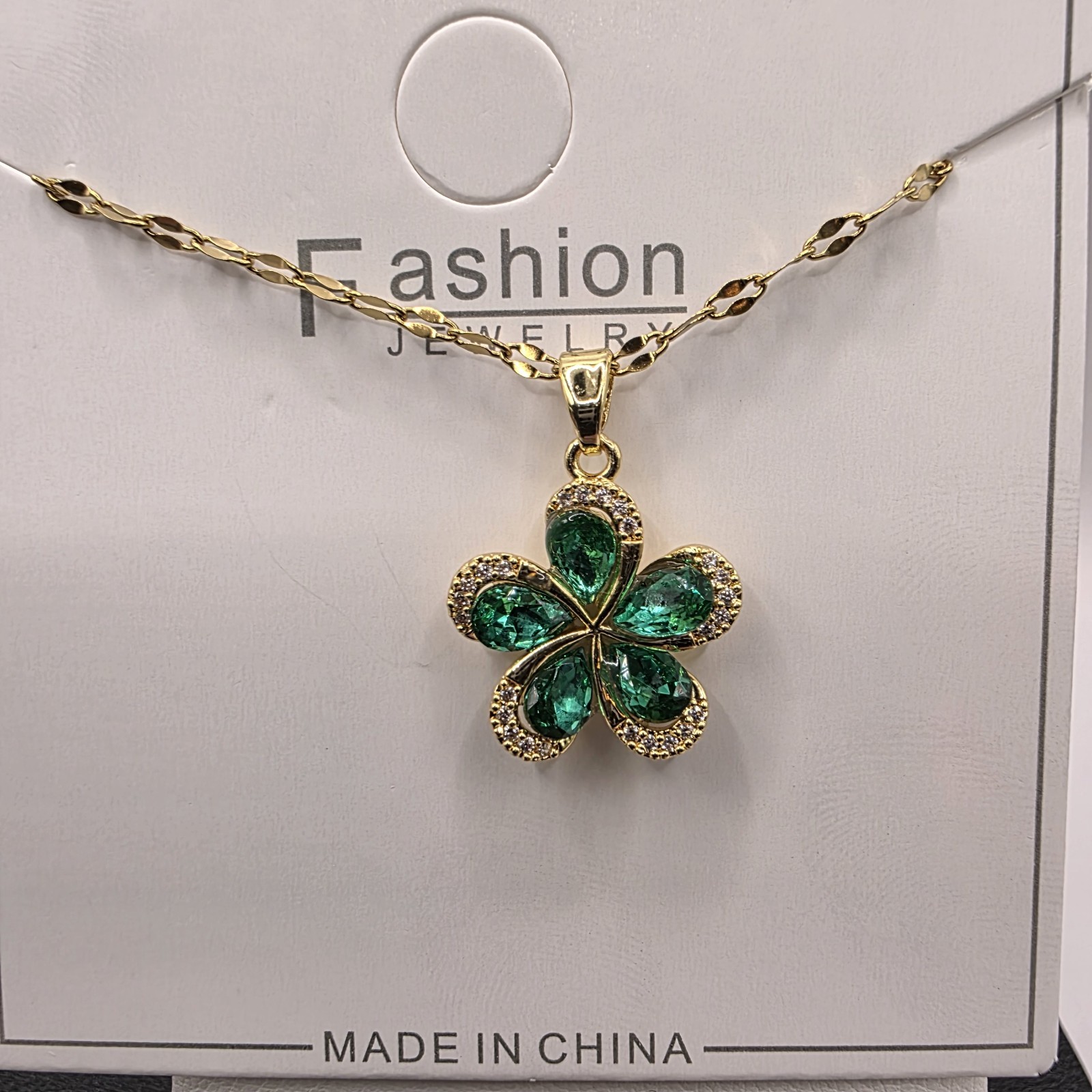 Stainless Steel Copper Plated 16″Necklace w/20mm Green Cz Flower Pendant