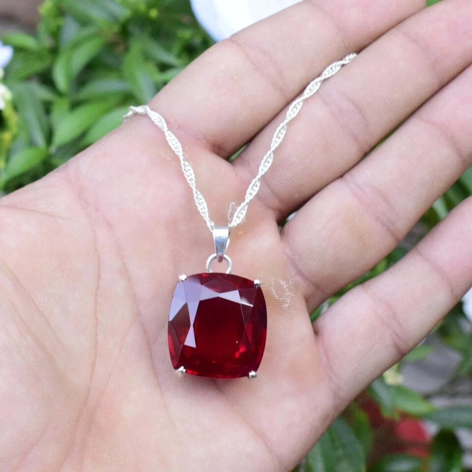 30 Ct Natural Red Ruby Pendant 925 Sterling Silver Cushion Cut Gemstone Jewelry