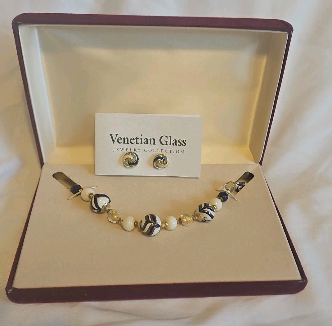 New Venetian Glass Beads NECKLACE And Earrings Navy/ Gold Handcrafted. Boxed