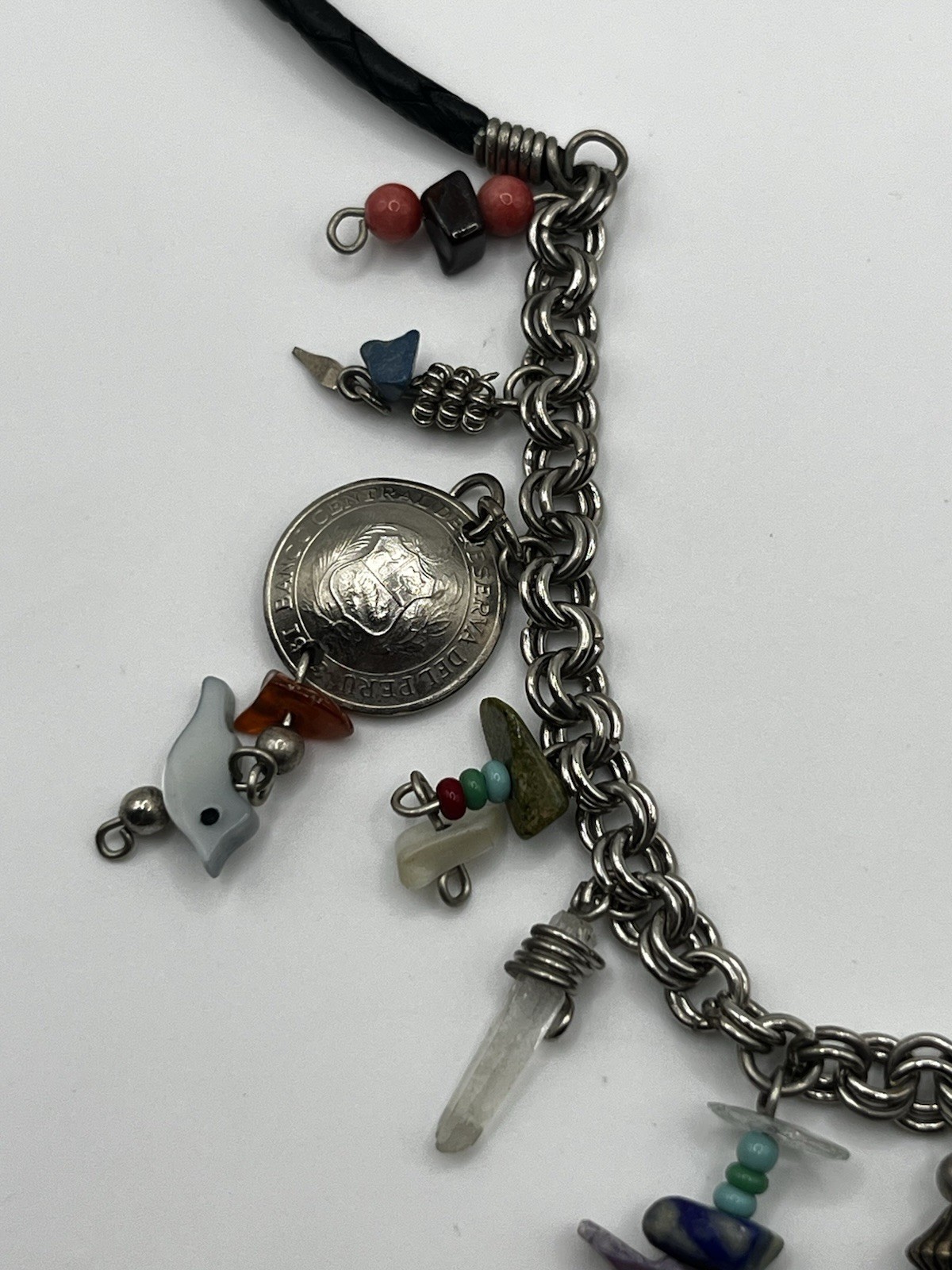 Peruvian Artisan Bird Charm Necklace Mixed Stone Peru Coin Boho Folk Art