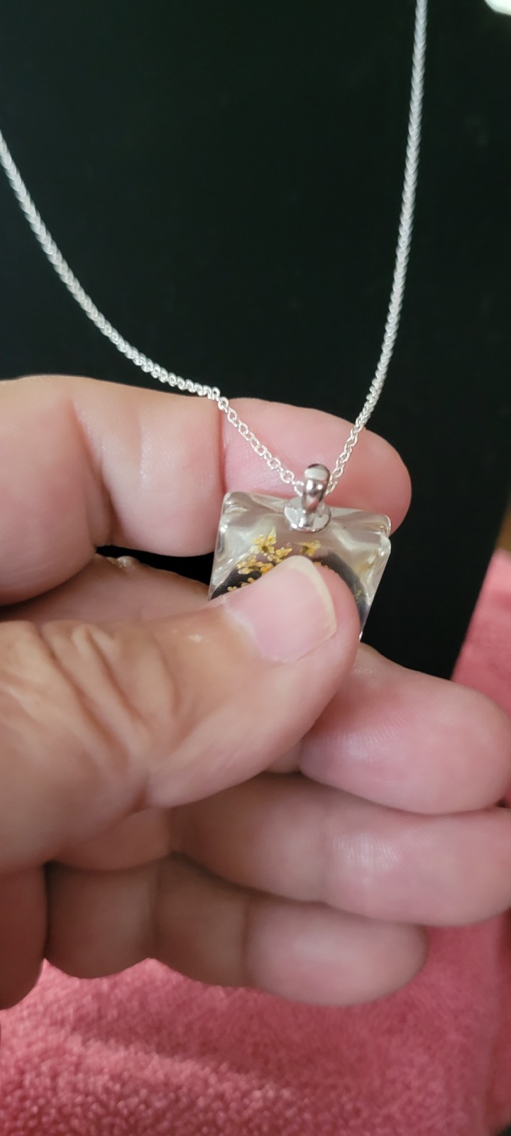 Square Clear Glass Yellow Flower Pendant Necklace 16 Inch, 925 Chain