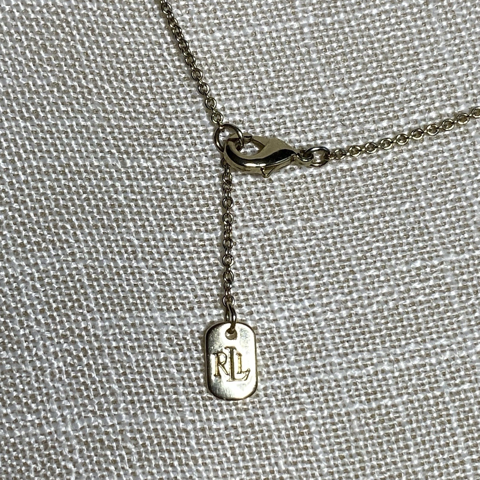LRL Ralph Lauren Station Necklace Gold Tone With Green Emerald Cut Stones 16”