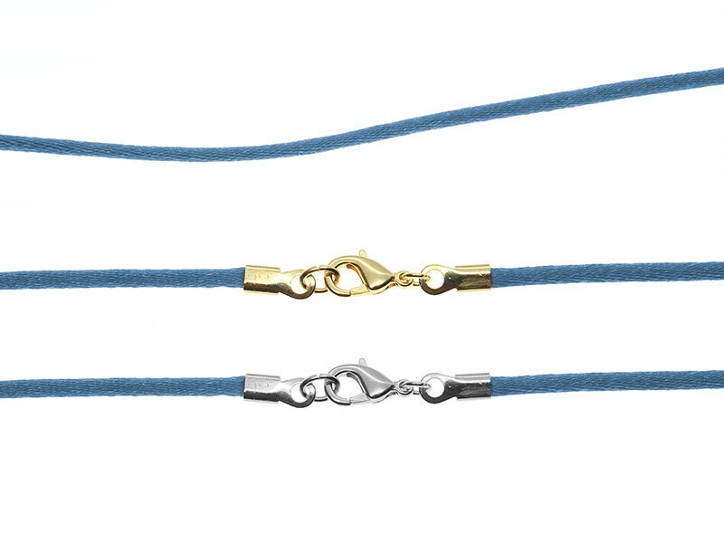 Denim Blue Satin Silk Cord Necklace Silver/Gold Clasp 16″ to 30″ Hand Made USA