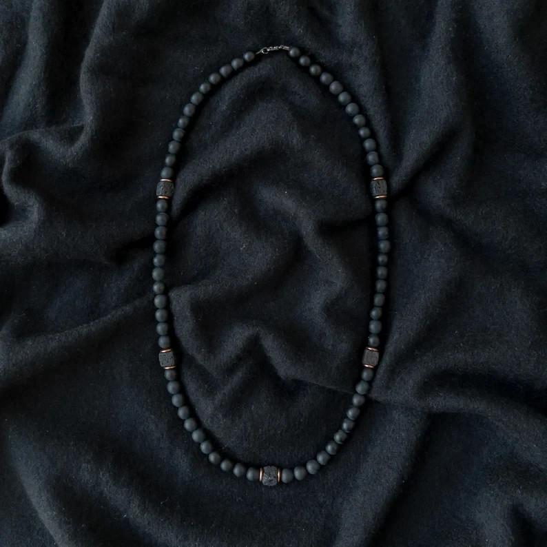 Matte Black Onyx Lava Rock Beaded Necklace 10mm Natural Stone Mens Mala Jewelry