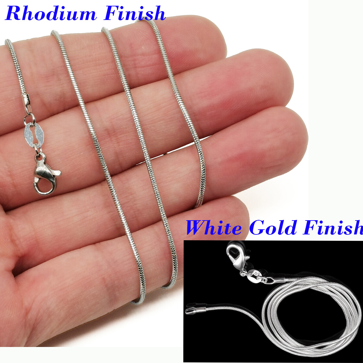 925 Sterling Silver Snake Chain Necklace, With Rhodium Finish, Many Length/Width