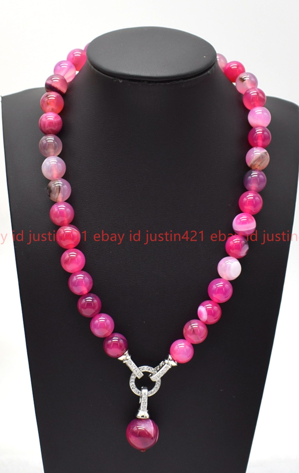 Natural 8/10mm Rose Red Striped Agate Round Gemstone Pendant Necklace 16-24in