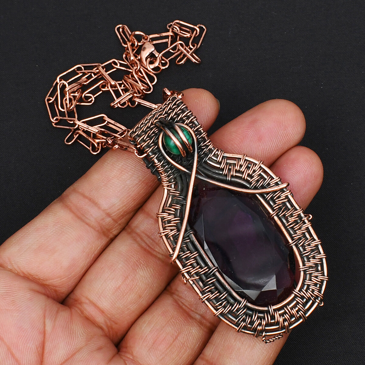 Amethyst Gemstone Copper Wire Pendant with Copper Cable Chain Necklace Jewelry