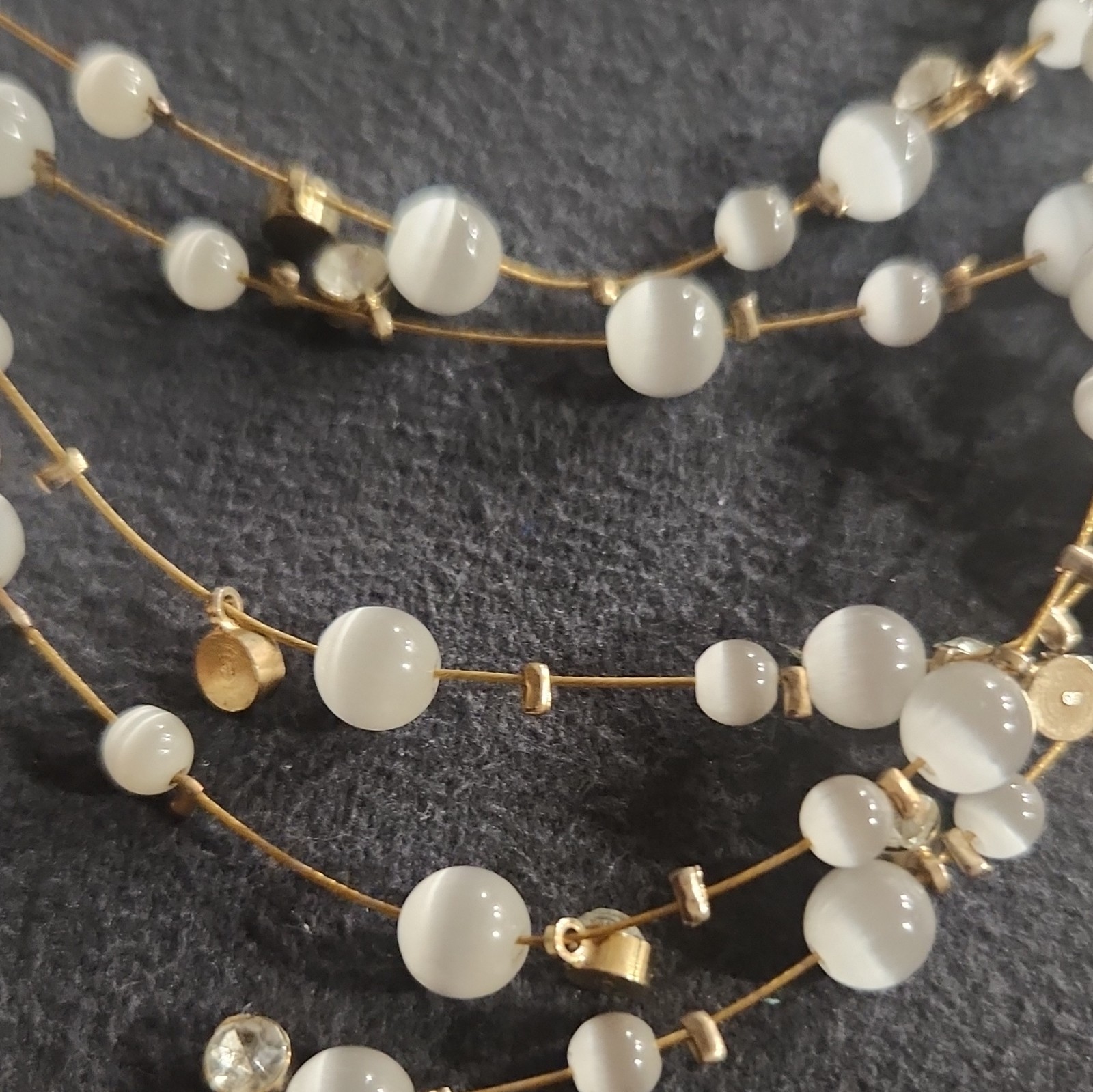 White Bead Layered Necklace Gold Tone Crystal Cable Chain Adjustable Lobster