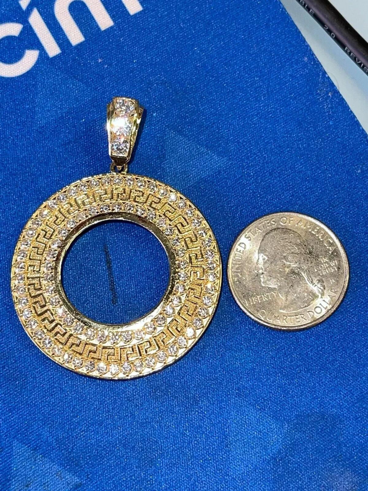 For 10 Peso Coin 11.5g 14k Yellow Gold Bezel Greek Key Bizel Moneda Cubic Zarcon