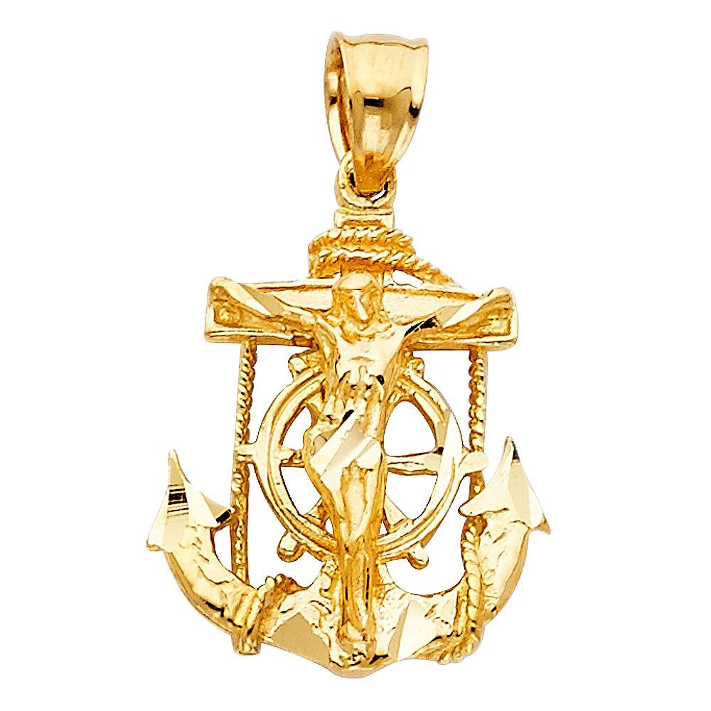 14K Yellow Gold Mariner Crucifix Charm Pendant & 3.1mm Figaro 3+1 Chain Necklace