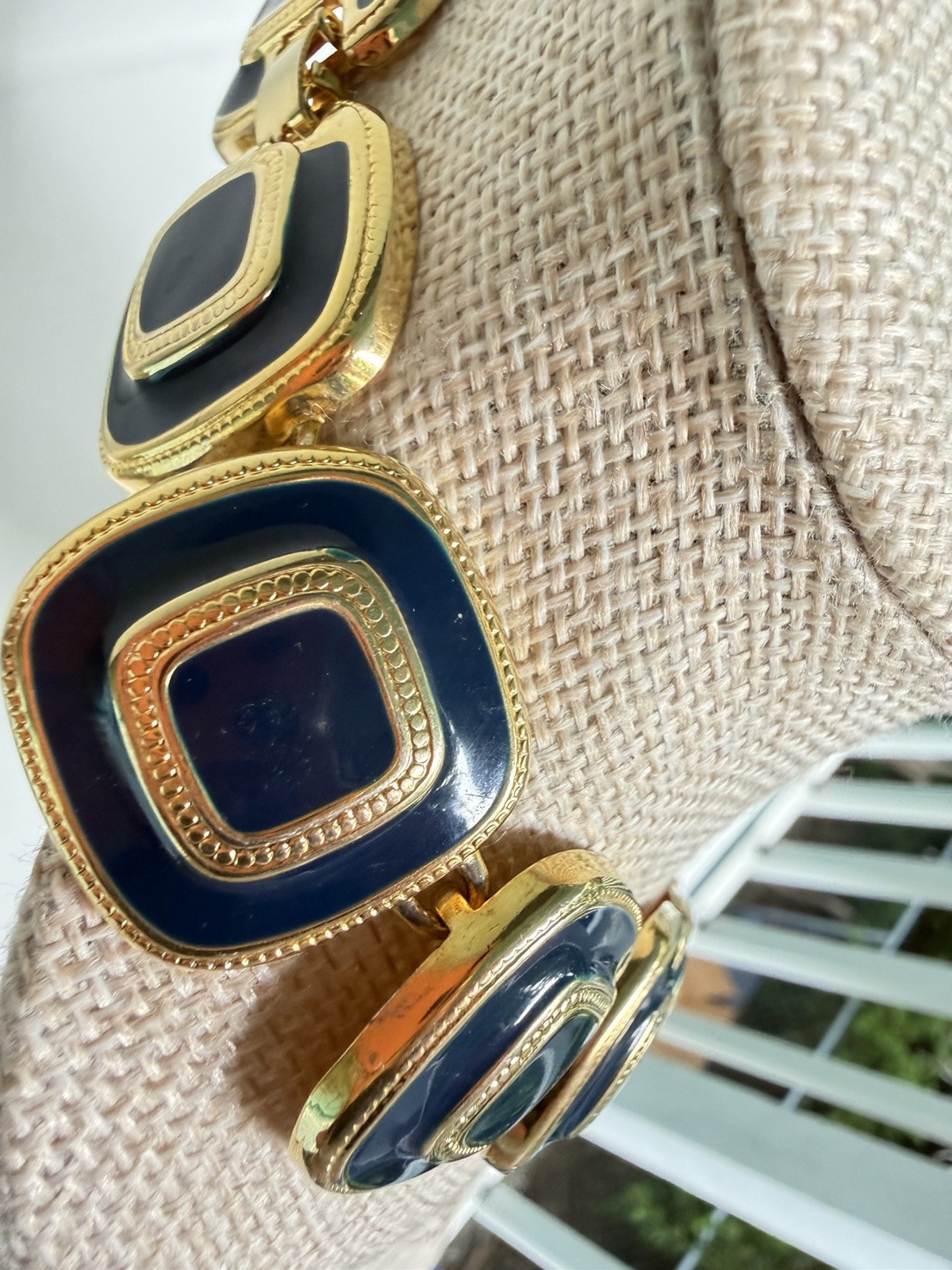 Vintage Gold Tone Navy Blue Enamel Geometric Statement Necklace Choker Collar