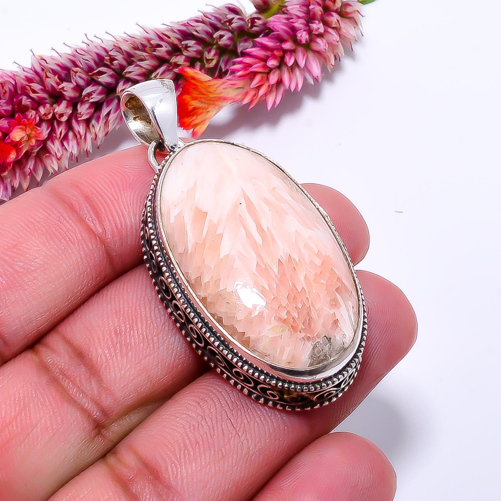 Orange Scolecite – India Fine Art 925 Sterling Silver Pendant 2.03″ P1036411435