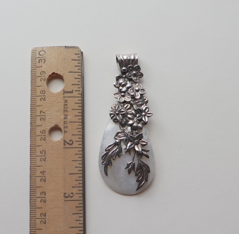 .925 Sterling Silver MOTHER OF PEARL mop LARGE teardrop flower PENDANT 3″ long