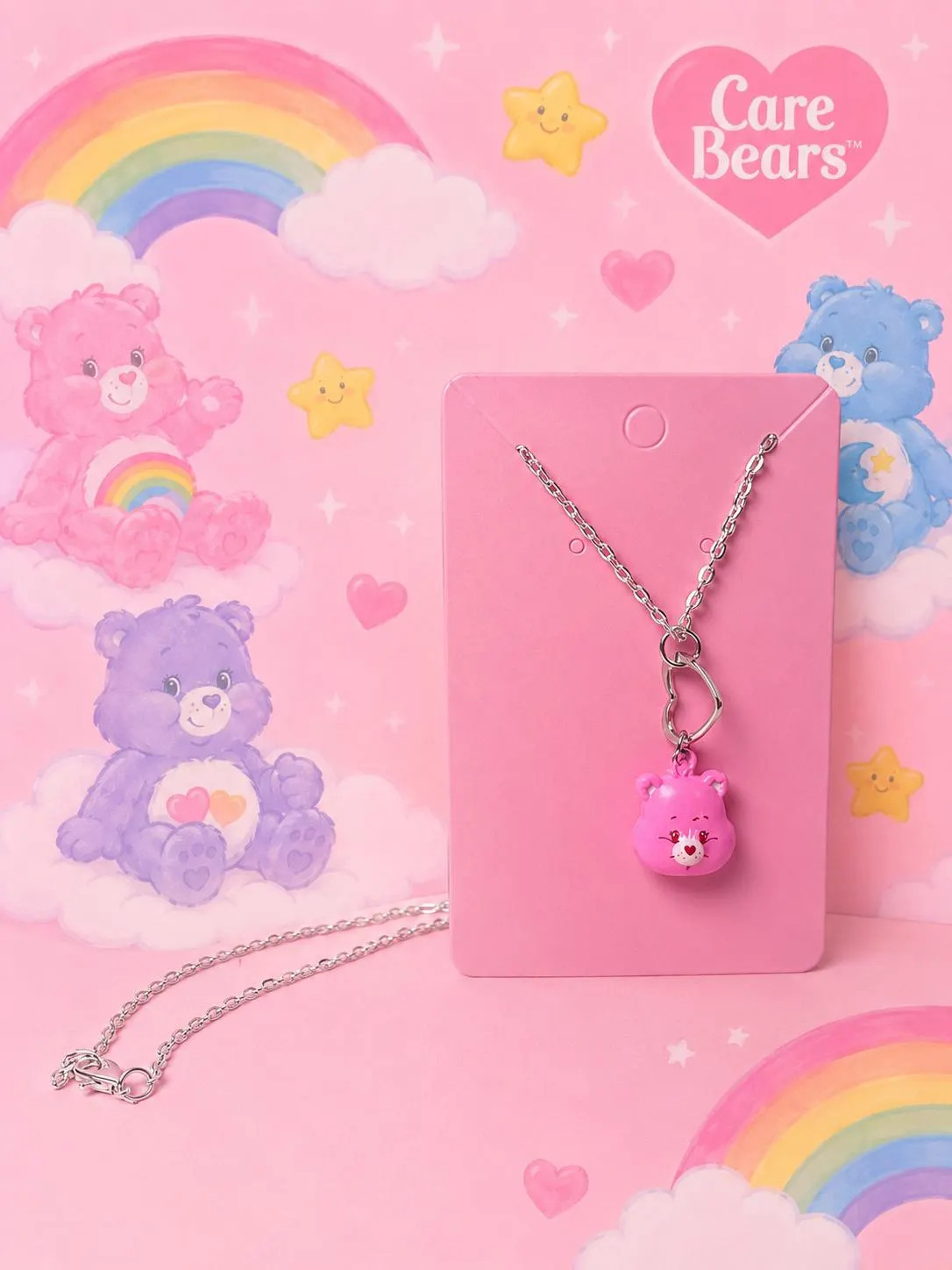 Cheer Bear Care Bear Pink Teddy Bear Necklace With Heart Design