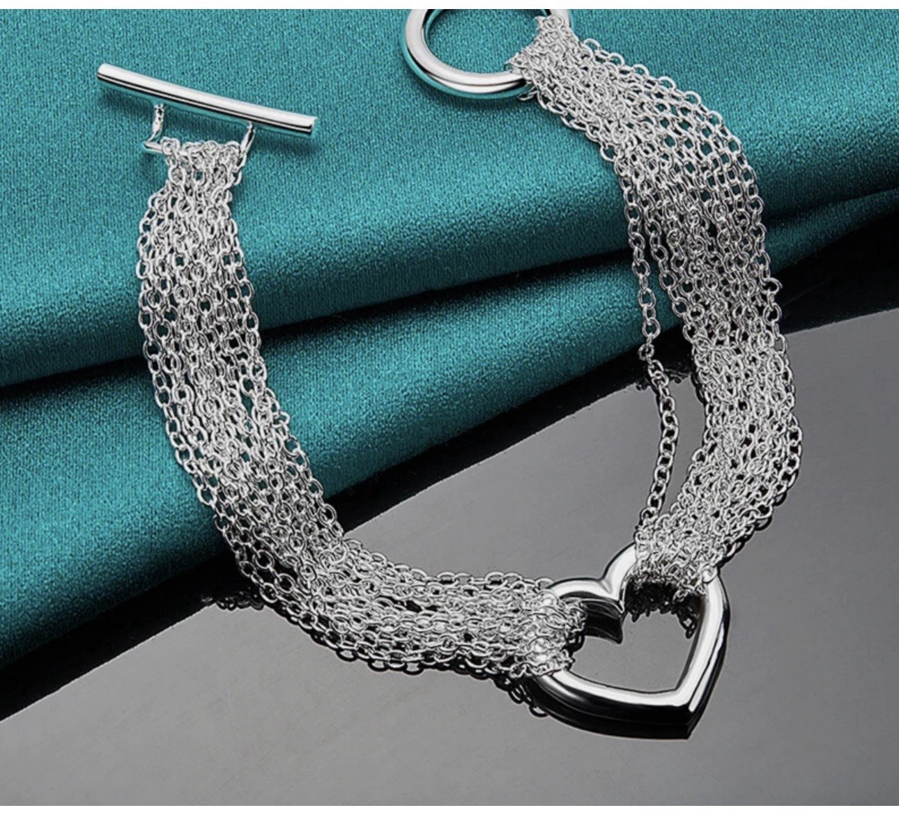 .925 Sterling Silver Multi-Thin 17.5 in Necklace Heart 8” Bracelet Wht GdToggle