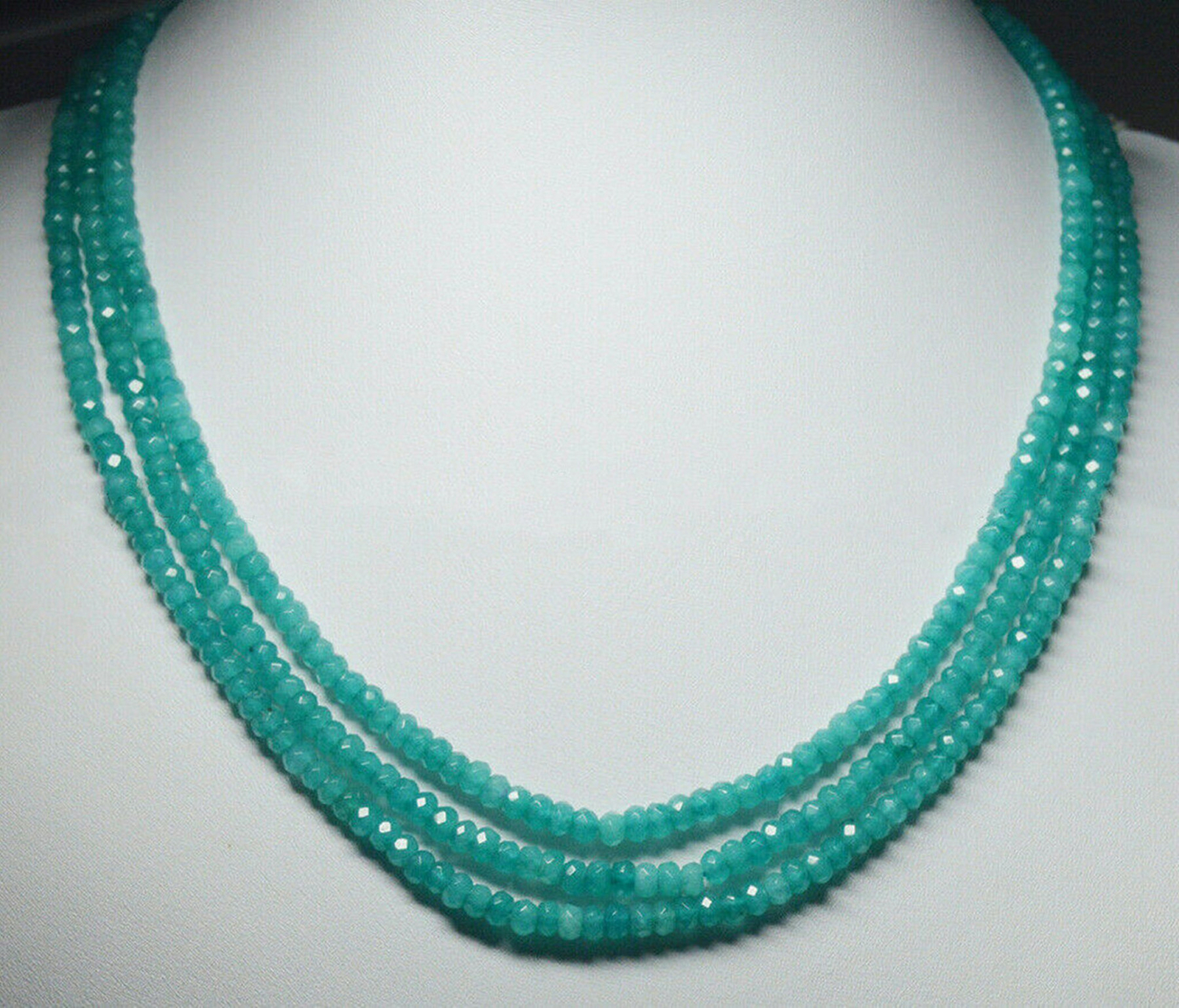 NATURAL 3 Rows 2X4mm FACETED Blue Aquamarine BEADS NECKLACE 18-20”