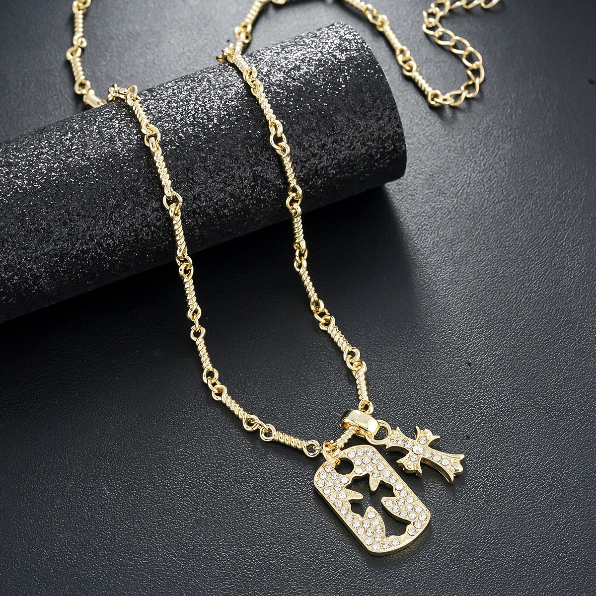 Gold Silver Plated Cutout Cross Dog Tag Pendant Wheat Chain Bling Necklace