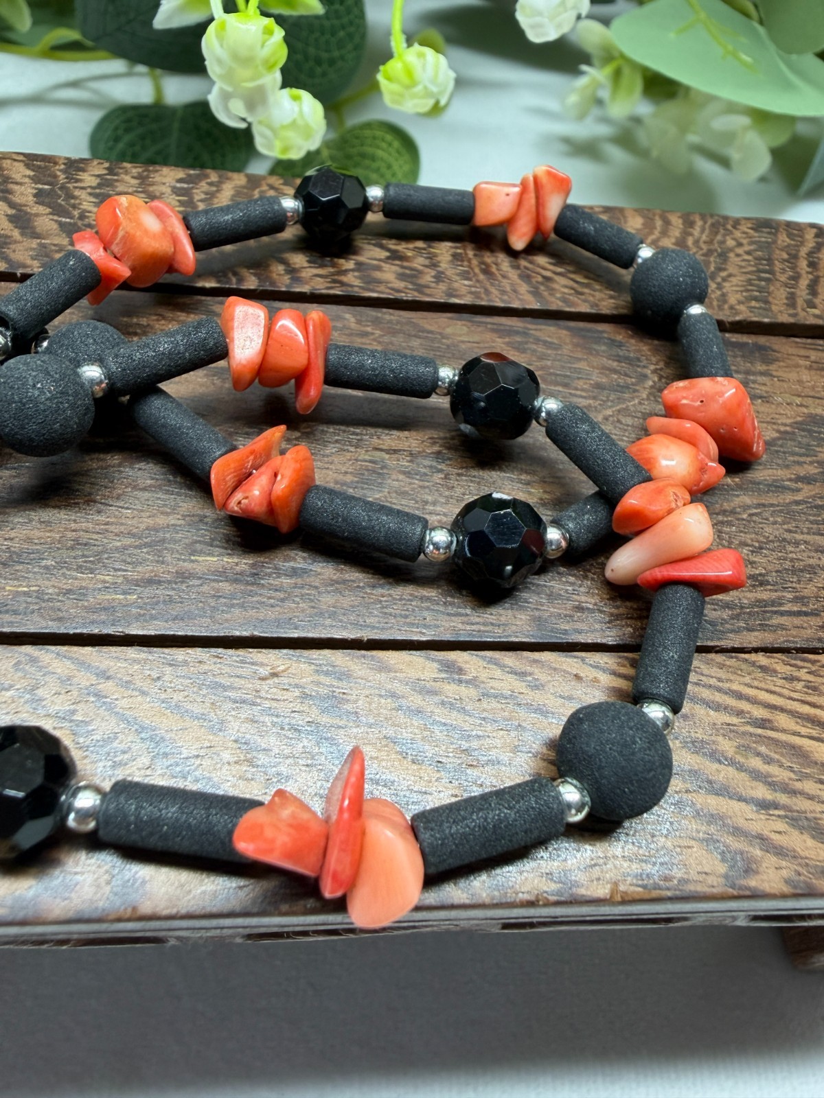 Vintage Coral, Lava Rock & Glass Beaded 18″ Necklace 16g Boho Retro Quirky