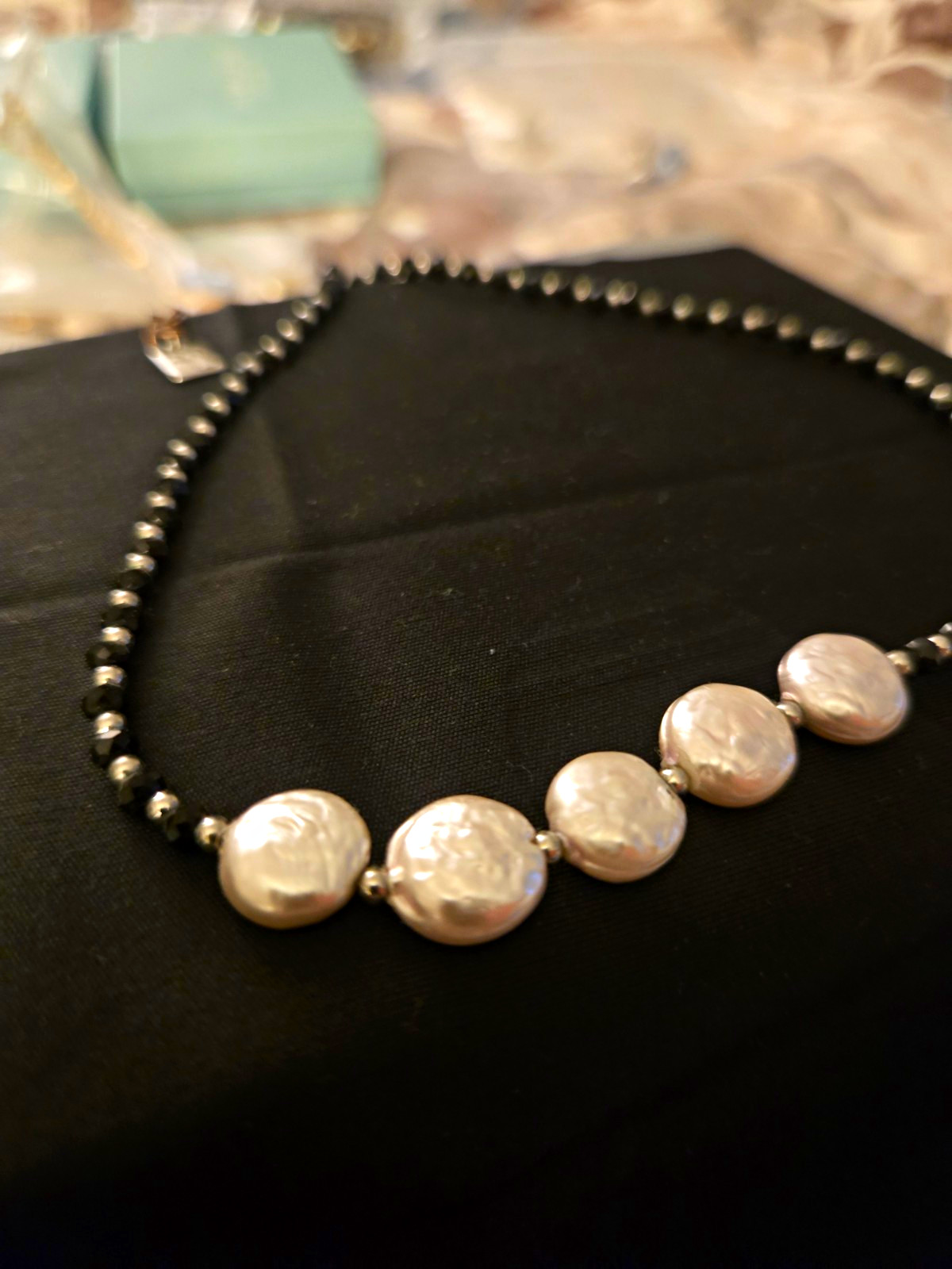 Black Hematite Beaded Necklace with Round White Pearl Beads, Ball/Bead Chain