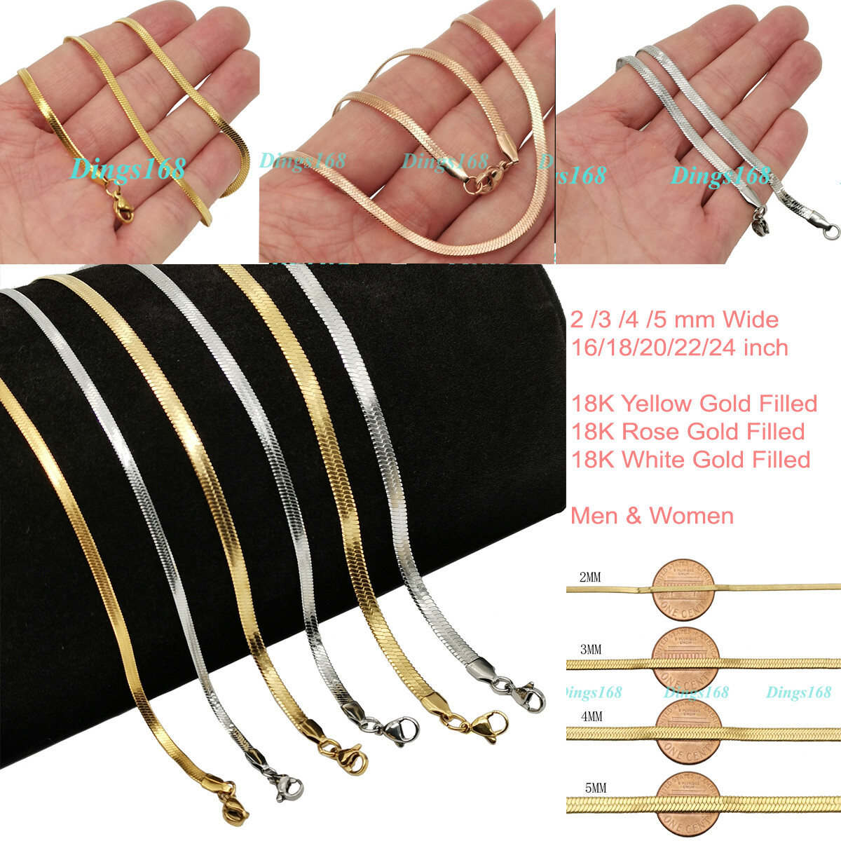 Unisex 18K Yellow/White/Rose Gold Filled Italian Flat Snake Chain Necklace B764