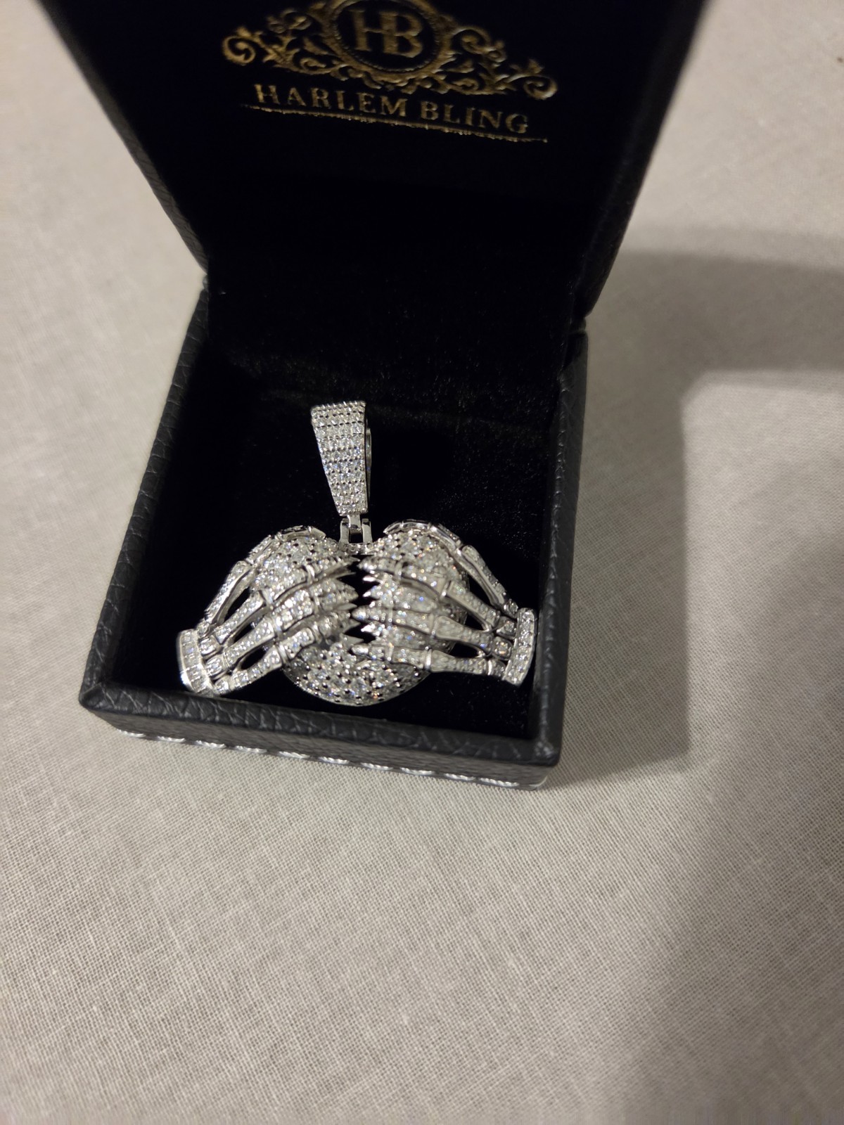 Moissanite Pendant Skeleton Hands Holding a Broken Heart, Harlem Bling