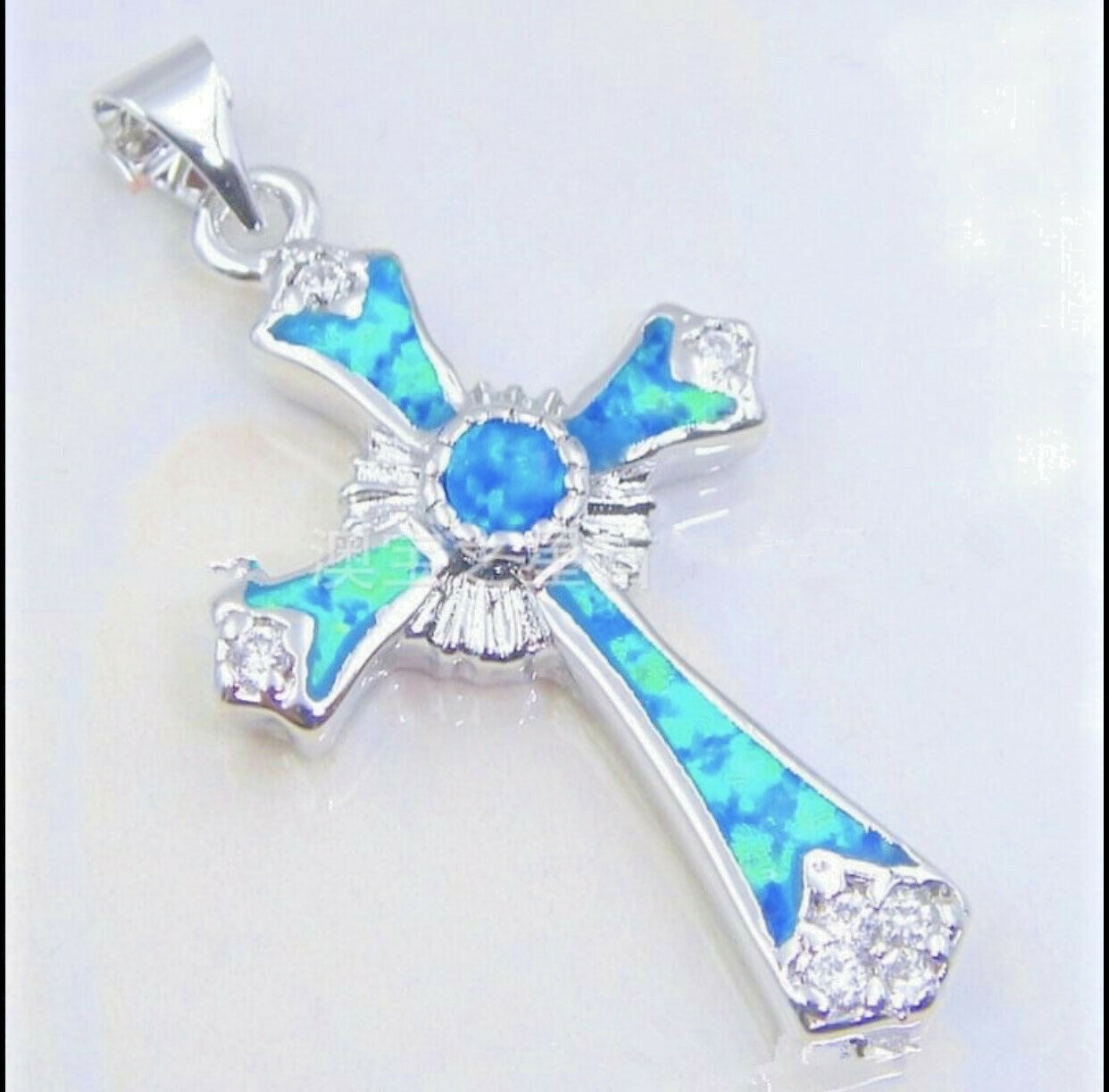 Geometric Blue Opal Color Cross Crucifix Pendant Necklace. Us Seller