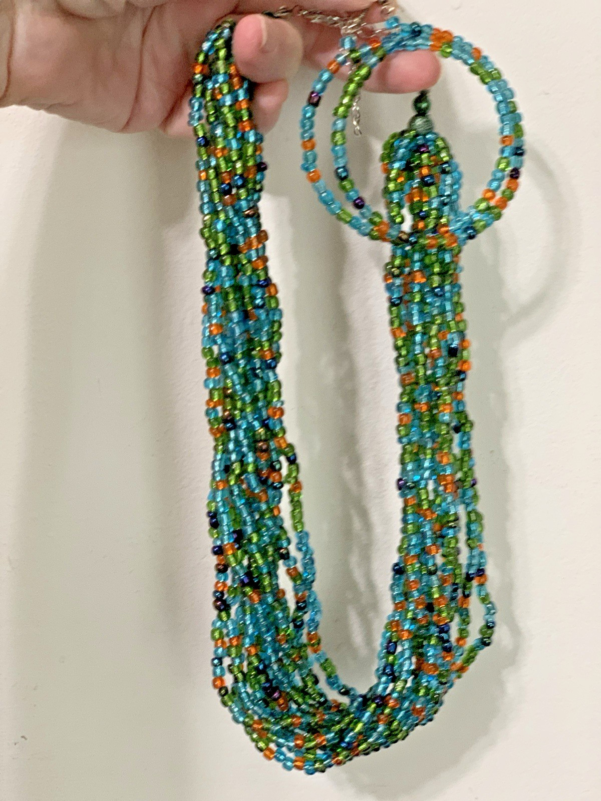 Vintage Set Of iridescent glass Multi Strand Necklace &Hoop Earring Set,18”&2.5”