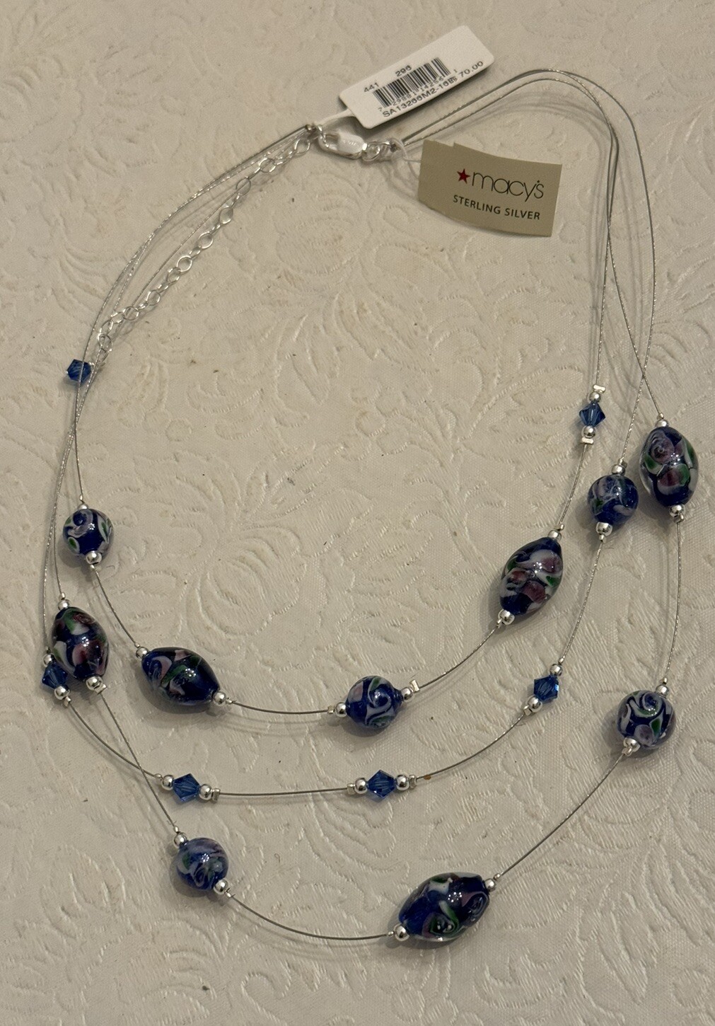 Murano Glass Necklace Sterling Silver Beaded Layered 3 Strand Hand Blown Choker