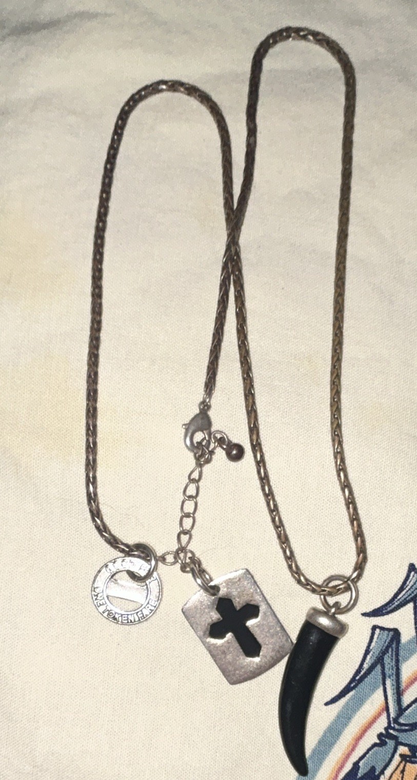 Silver Tone Snake Chain Necklace Cross Charm Black Horn Pendant Adjustable
