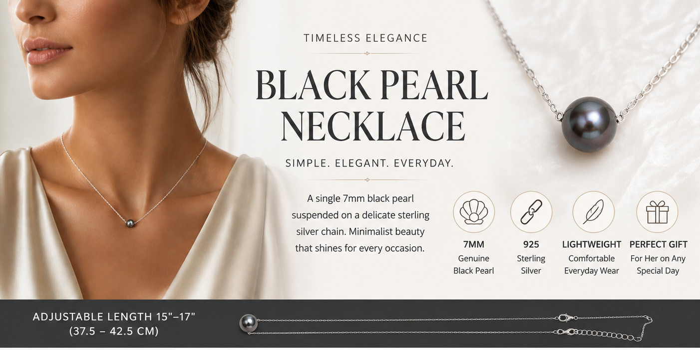 Necklace 7mm Black Pearl 15-17″ Adjustable Sterling Silver Chain Thailand Gift