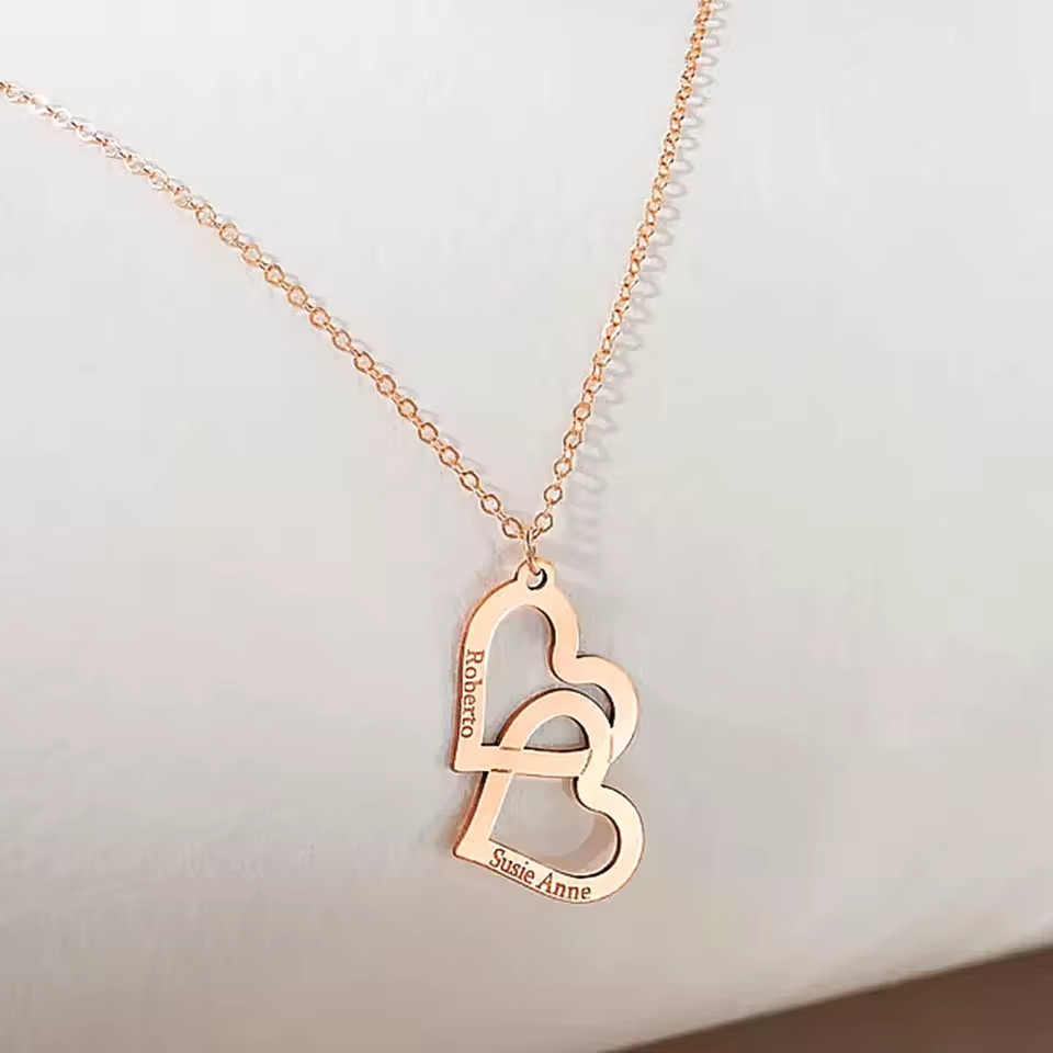 Custom Double Name Couple Necklace Pendant Jewelry Engraved Hearts Anniversary