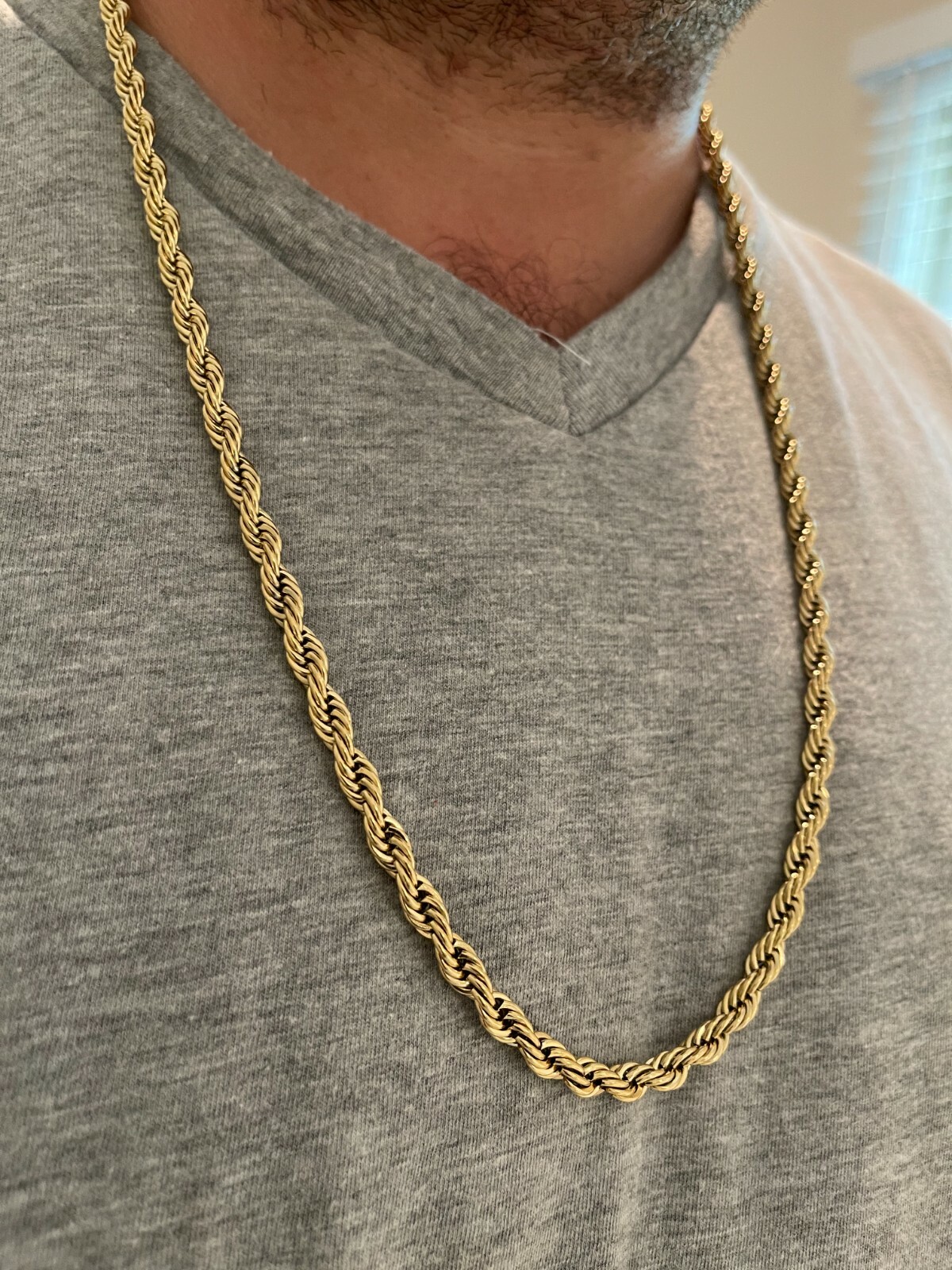 Cadena De CUERDA Real Para Hombre Acero Inoxidable Bañado En Oro De 14K !